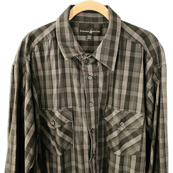 Beverly Hills Polo Club Black and Gray Plaid Button Front Shirt - Picture 2 of 8